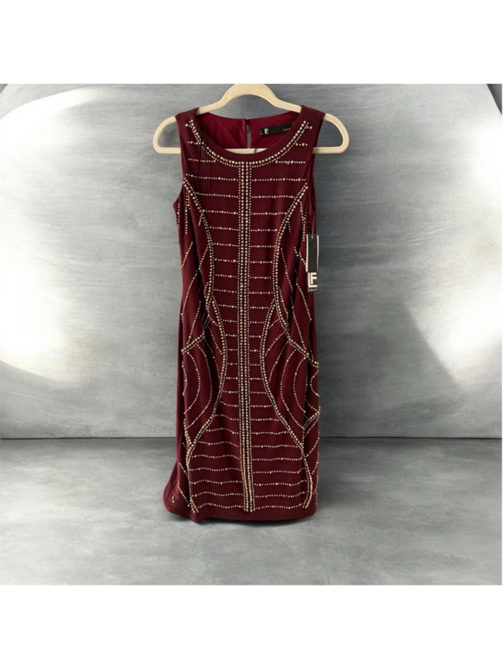 Women's Leslie Fay Mini Dress Size 6 Burgundy Gold Studded Embellished